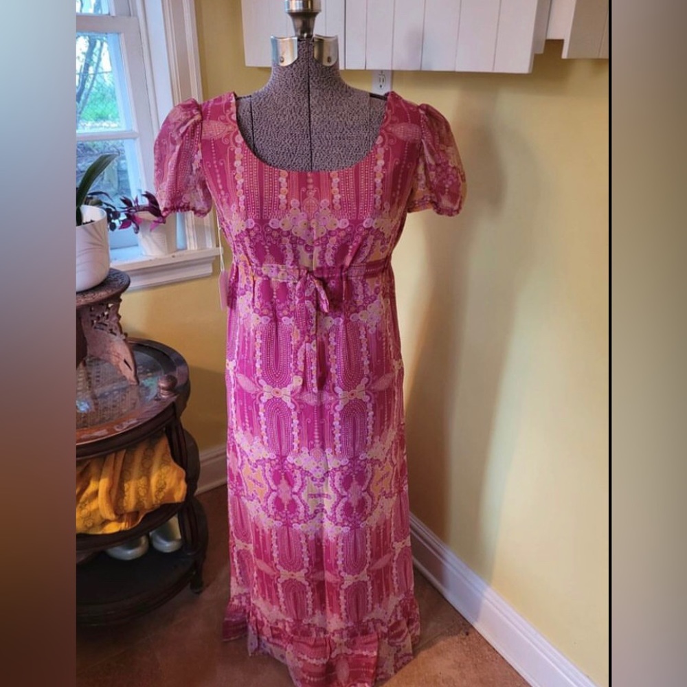 Vintage 1970s Pink Psychedelic Maxi Dress, Sheer puff sleeves, US4